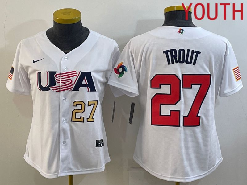 Youth 2023 World Cub USA 27 Trout White MLB Jersey1